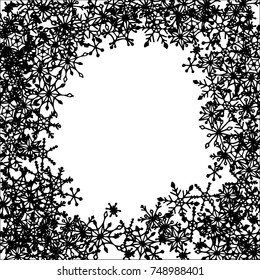 Winter Frame with Cute Doodle Snowflakes. Black and White Christmas Background. Pretty New Year Background. Cute Vector Pattern for Card, Poster, Banner. Frosty Cartoon Snowflakes in Trendy Style