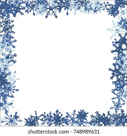 Winter Frame with Cute Doodle Snowflakes. Blue Christmas Background. Pretty New Year Background. Cute Vector Pattern for Card, Poster, Banner. Frosty Cartoon Snowflakes in Trendy Style