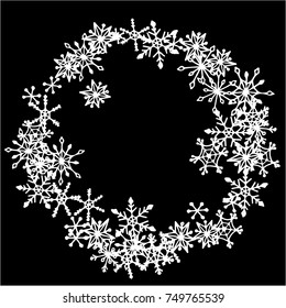 Winter Frame with Cute Doodle Snowflakes. Black and White Christmas Background. Pretty New Year Background. Cute Vector Pattern for Card, Poster, Banner. Frosty Cartoon Snowflakes in Trendy Style