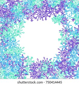Winter Frame with Cute Doodle Snowflakes. Blue Christmas Background. Pretty New Year Background. Cute Vector Pattern for Card, Poster, Banner. Frosty Cartoon Snowflakes in Trendy Style