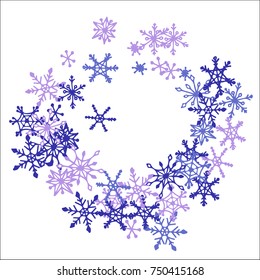 Winter Frame with Cute Doodle Snowflakes. Blue Christmas Background. Pretty New Year Background. Cute Vector Pattern for Card, Poster, Banner. Frosty Cartoon Snowflakes in Trendy Style