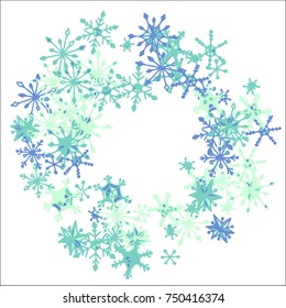 Winter Frame with Cute Doodle Snowflakes. Blue Christmas Background. Pretty New Year Background. Cute Vector Pattern for Card, Poster, Banner. Frosty Cartoon Snowflakes in Trendy Style