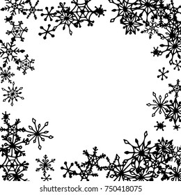 Winter Frame with Cute Doodle Snowflakes. Black and White Christmas Background. Pretty New Year Background. Cute Vector Pattern for Card, Poster, Banner. Frosty Cartoon Snowflakes in Trendy Style
