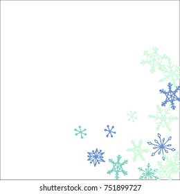 Winter Frame with Cute Doodle Snowflakes. Blue Christmas Background. Pretty New Year Background. Cute Vector Pattern for Card, Poster, Banner. Frosty Cartoon Snowflakes in Trendy Style