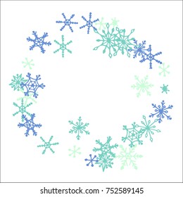 Winter Frame with Cute Doodle Snowflakes. Blue Christmas Background. Pretty New Year Background. Cute Vector Pattern for Card, Poster, Banner. Frosty Cartoon Snowflakes in Trendy Style
