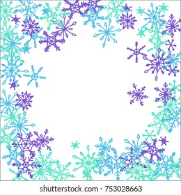 Winter Frame with Cute Doodle Snowflakes. Blue Christmas Background. Pretty New Year Background. Cute Vector Pattern for Card, Poster, Banner. Frosty Cartoon Snowflakes in Trendy Style