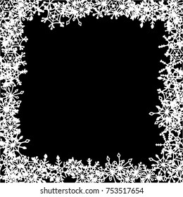 Winter Frame with Cute Doodle Snowflakes. Black and White Christmas Background. Pretty New Year Background. Cute Vector Pattern for Card, Poster, Banner. Frosty Cartoon Snowflakes in Trendy Style