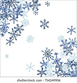 Winter Frame with Cute Doodle Snowflakes. Blue Christmas Background. Pretty New Year Background. Cute Vector Pattern for Card, Poster, Banner. Frosty Cartoon Snowflakes in Trendy Style