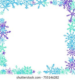 Winter Frame with Cute Doodle Snowflakes. Blue Christmas Background. Pretty New Year Background. Cute Vector Pattern for Card, Poster, Banner. Frosty Cartoon Snowflakes in Trendy Style