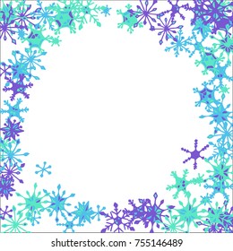 Winter Frame with Cute Doodle Snowflakes. Blue Christmas Background. Pretty New Year Background. Cute Vector Pattern for Card, Poster, Banner. Frosty Cartoon Snowflakes in Trendy Style