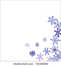 Winter Frame with Cute Doodle Snowflakes. Blue Christmas Background. Pretty New Year Background. Cute Vector Pattern for Card, Poster, Banner. Frosty Cartoon Snowflakes in Trendy Style
