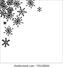 Winter Frame with Cute Doodle Snowflakes. Black and White Christmas Background. Pretty New Year Background. Cute Vector Pattern for Card, Poster, Banner. Frosty Cartoon Snowflakes in Trendy Style