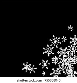 Winter Frame with Cute Doodle Snowflakes. Black and White Christmas Background. Pretty New Year Background. Cute Vector Pattern for Card, Poster, Banner. Frosty Cartoon Snowflakes in Trendy Style