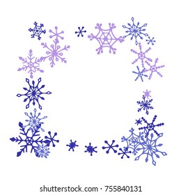 Winter Frame with Cute Doodle Snowflakes. Blue Christmas Background. Pretty New Year Background. Cute Vector Pattern for Card, Poster, Banner. Frosty Cartoon Snowflakes in Trendy Style