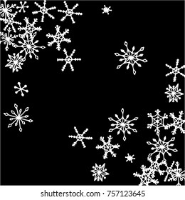 Winter Frame with Cute Doodle Snowflakes. Pretty Black and White Christmas or New Year Background. Cute Vector Pattern for Card, Poster, Banner.
