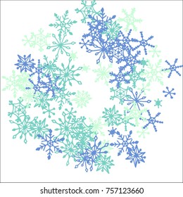 Winter Frame with Cute Doodle Snowflakes. Blue Christmas Background. Pretty New Year Background. Cute Vector Pattern for Card, Poster, Banner. Frosty Cartoon Snowflakes in Trendy Style
