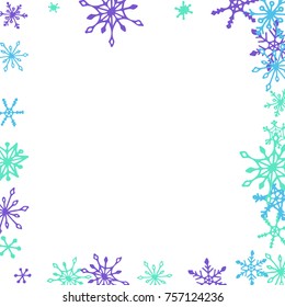 Winter Frame with Cute Doodle Snowflakes. Blue Christmas Background. Pretty New Year Background. Cute Vector Pattern for Card, Poster, Banner. Frosty Cartoon Snowflakes in Trendy Style