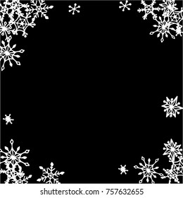 Winter Frame with Cute Doodle Snowflakes. Black and White Christmas Background. Pretty New Year Background. Cute Vector Pattern for Card, Poster, Banner. Frosty Cartoon Snowflakes in Trendy Style