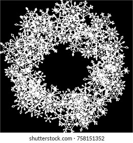 Winter Frame with Cute Doodle Snowflakes. Black and White Christmas Background. Pretty New Year Background. Cute Vector Pattern for Card, Poster, Banner. Frosty Cartoon Snowflakes in Trendy Style