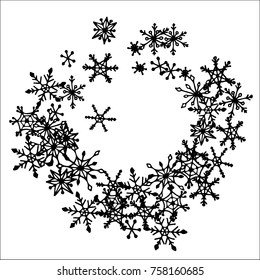 Winter Frame with Cute Doodle Snowflakes. Black and White Christmas Background. Pretty New Year Background. Cute Vector Pattern for Card, Poster, Banner. Frosty Cartoon Snowflakes in Trendy Style
