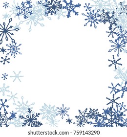 Winter Frame with Cute Doodle Snowflakes. Blue Christmas Background. Pretty New Year Background. Cute Vector Pattern for Card, Poster, Banner. Frosty Cartoon Snowflakes in Trendy Style