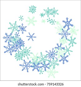 Winter Frame with Cute Doodle Snowflakes. Blue Christmas Background. Pretty New Year Background. Cute Vector Pattern for Card, Poster, Banner. Frosty Cartoon Snowflakes in Trendy Style