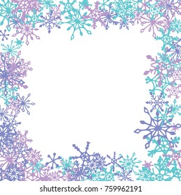 Winter Frame with Cute Doodle Snowflakes. Blue Christmas Background. Pretty New Year Background. Cute Vector Pattern for Card, Poster, Banner. Frosty Cartoon Snowflakes in Trendy Style