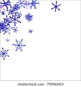 Winter Frame with Cute Doodle Snowflakes. Blue Christmas Background. Pretty New Year Background. Cute Vector Pattern for Card, Poster, Banner. Frosty Cartoon Snowflakes in Trendy Style