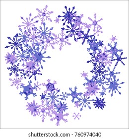 Winter Frame with Cute Doodle Snowflakes. Blue Christmas Background. Pretty New Year Background. Cute Vector Pattern for Card, Poster, Banner. Frosty Cartoon Snowflakes in Trendy Style