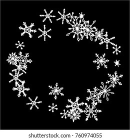 Winter Frame with Cute Doodle Snowflakes. Black and White Christmas Background. Pretty New Year Background. Cute Vector Pattern for Card, Poster, Banner. Frosty Cartoon Snowflakes in Trendy Style