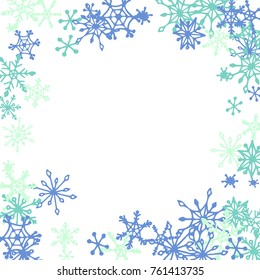 Winter Frame with Cute Doodle Snowflakes. Blue Christmas Background. Pretty New Year Background. Cute Vector Pattern for Card, Poster, Banner. Frosty Cartoon Snowflakes in Trendy Style