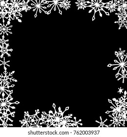 Winter Frame with Cute Doodle Snowflakes. Black and White Christmas Background. Pretty New Year Background. Cute Vector Pattern for Card, Poster, Banner. Frosty Cartoon Snowflakes in Trendy Style