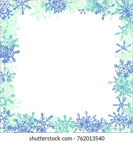 Winter Frame with Cute Doodle Snowflakes. Blue Christmas Background. Pretty New Year Background. Cute Vector Pattern for Card, Poster, Banner. Frosty Cartoon Snowflakes in Trendy Style