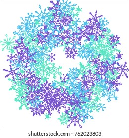 Winter Frame with Cute Doodle Snowflakes. Blue Christmas Background. Pretty New Year Background. Cute Vector Pattern for Card, Poster, Banner. Frosty Cartoon Snowflakes in Trendy Style