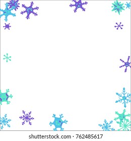 Winter Frame with Cute Doodle Snowflakes. Blue Christmas Background. Pretty New Year Background. Cute Vector Pattern for Card, Poster, Banner. Frosty Cartoon Snowflakes in Trendy Style