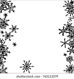 Winter Frame with Cute Doodle Snowflakes. Black and White Christmas Background. Pretty New Year Background. Cute Vector Pattern for Card, Poster, Banner. Frosty Cartoon Snowflakes in Trendy Style