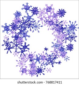 Winter Frame with Cute Doodle Snowflakes. Blue Christmas Background. Pretty New Year Background. Cute Vector Pattern for Card, Poster, Banner. Frosty Cartoon Snowflakes in Trendy Style