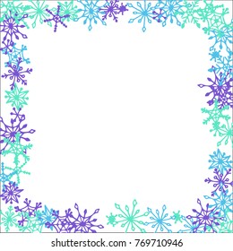 Winter Frame with Cute Doodle Snowflakes. Blue Christmas Background. Pretty New Year Background. Cute Vector Pattern for Card, Poster, Banner. Frosty Cartoon Snowflakes in Trendy Style