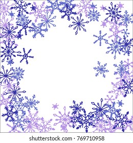 Winter Frame with Cute Doodle Snowflakes. Blue Christmas Background. Pretty New Year Background. Cute Vector Pattern for Card, Poster, Banner. Frosty Cartoon Snowflakes in Trendy Style