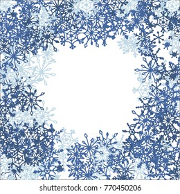Winter Frame with Cute Doodle Snowflakes. Blue Christmas Background. Pretty New Year Background. Cute Vector Pattern for Card, Poster, Banner. Frosty Cartoon Snowflakes in Trendy Style