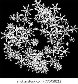 Winter Frame with Cute Doodle Snowflakes. Black and White Christmas Background. Pretty New Year Background. Cute Vector Pattern for Card, Poster, Banner. Frosty Cartoon Snowflakes in Trendy Style