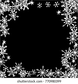 Winter Frame with Cute Doodle Snowflakes. Black and White Christmas Background. Pretty New Year Background. Cute Vector Pattern for Card, Poster, Banner. Frosty Cartoon Snowflakes in Trendy Style