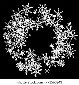 Winter Frame with Cute Doodle Snowflakes. Black and White Christmas Background. Pretty New Year Background. Cute Vector Pattern for Card, Poster, Banner. Frosty Cartoon Snowflakes in Trendy Style