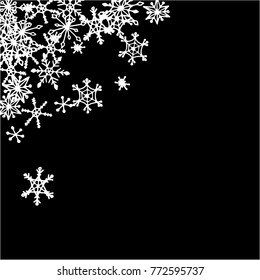 Winter Frame with Cute Doodle Snowflakes. Black and White Christmas Background. Pretty New Year Background. Cute Vector Pattern for Card, Poster, Banner. Frosty Cartoon Snowflakes in Trendy Style