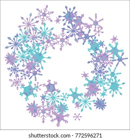 Winter Frame with Cute Doodle Snowflakes. Blue Christmas Background. Pretty New Year Background. Cute Vector Pattern for Card, Poster, Banner. Frosty Cartoon Snowflakes in Trendy Style