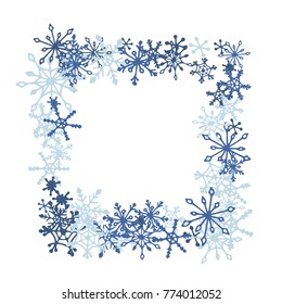 Winter Frame with Cute Doodle Snowflakes. Blue Christmas Background. Pretty New Year Background. Cute Vector Pattern for Card, Poster, Banner. Frosty Cartoon Snowflakes in Trendy Style