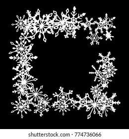 Winter Frame with Cute Doodle Snowflakes. Black and White Christmas Background. Pretty New Year Background. Cute Vector Pattern for Card, Poster, Banner. Frosty Cartoon Snowflakes in Trendy Style