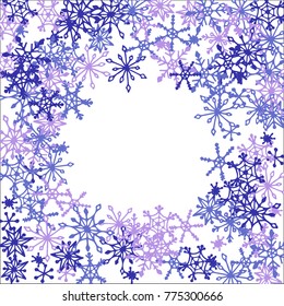 Winter Frame with Cute Doodle Snowflakes. Blue Christmas Background. Pretty New Year Background. Cute Vector Pattern for Card, Poster, Banner. Frosty Cartoon Snowflakes in Trendy Style