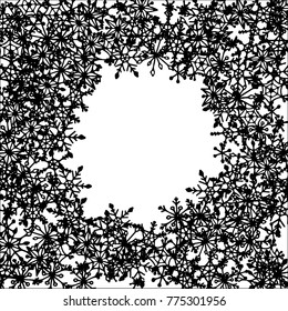 Winter Frame with Cute Doodle Snowflakes. Black and White Christmas Background. Pretty New Year Background. Cute Vector Pattern for Card, Poster, Banner. Frosty Cartoon Snowflakes in Trendy Style