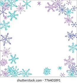 Winter Frame with Cute Doodle Snowflakes. Blue Christmas Background. Pretty New Year Background. Cute Vector Pattern for Card, Poster, Banner. Frosty Cartoon Snowflakes in Trendy Style
